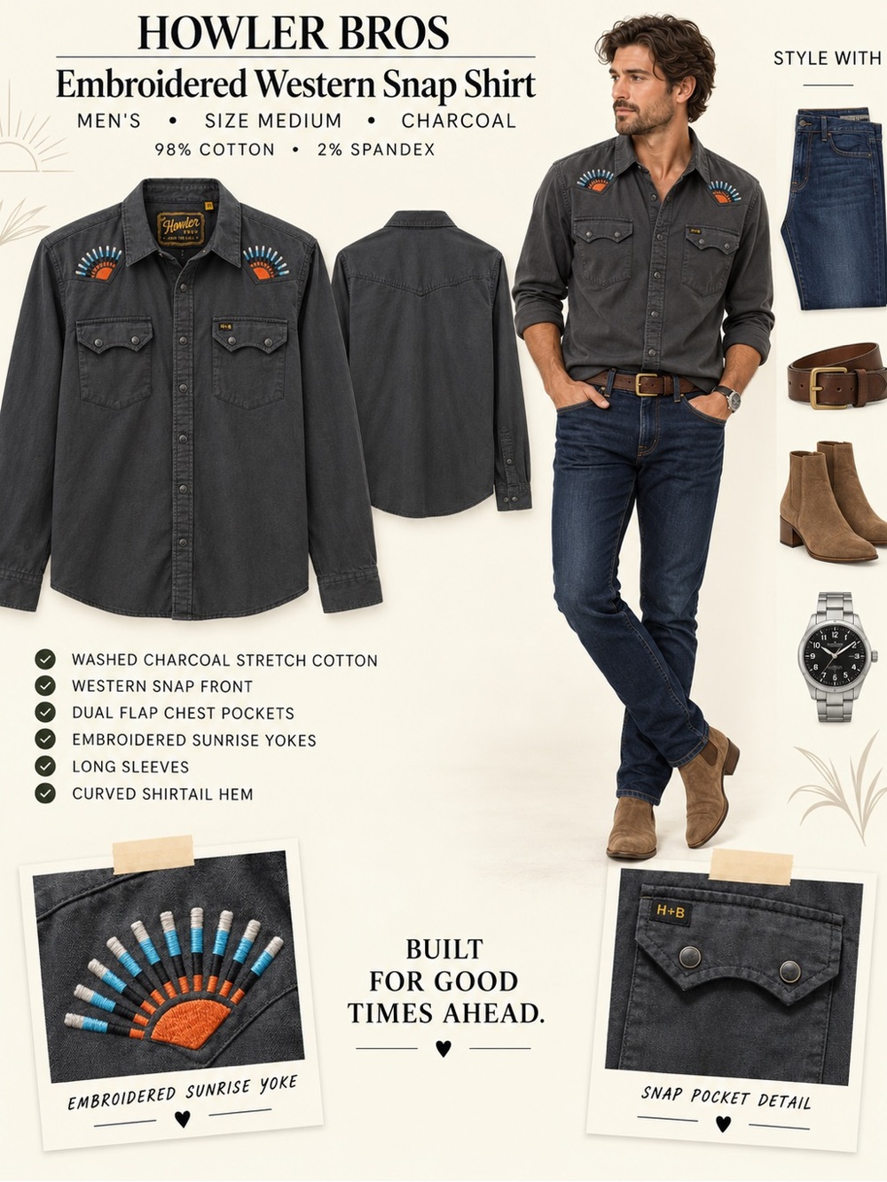 Howler Brothers Charcoal Embroidered Western Snap Shirt Jacket